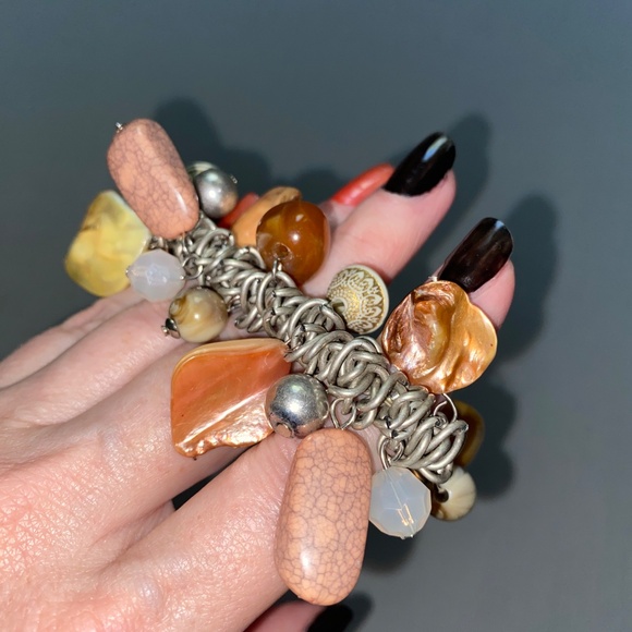 Vintage Stone Dangle Stretch Statement Bracelet Pinks Browns Neutrals - Picture 9 of 9